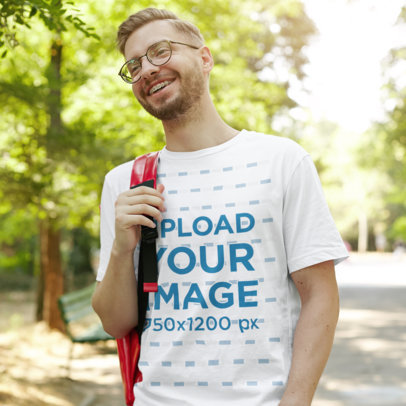 T-Shirt Mockup of a Man with Braces Smiling at a Park
