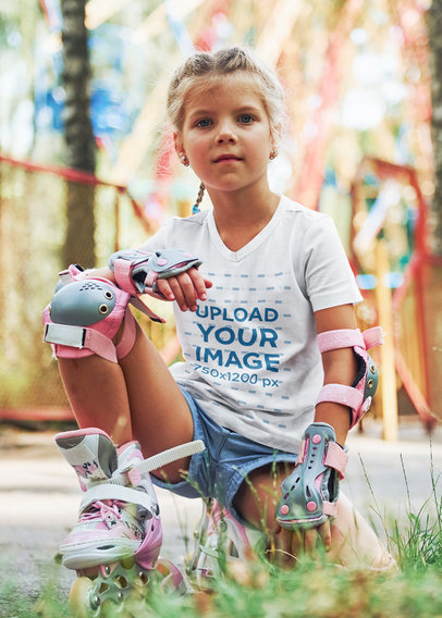 Mockup of a Tough Girl Wearing a V-Neck Tee and Roller-Skates