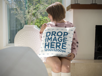 White Woman Holding a Pillow Template While Sitting Down
