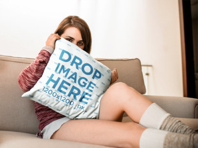 Short Haired Woman Sitting Down Hiding Behind a Pillow Template