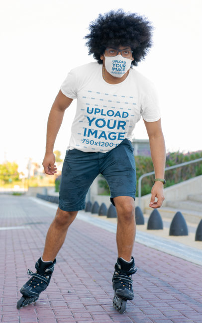 Face Mask Mockup of a Curly-Haired Man Wearing a T-Shirt While Roller Skating 