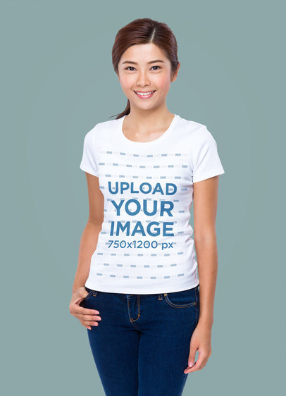 T-Shirt Mockup Featuring a Smiling Woman with a Customizable Background