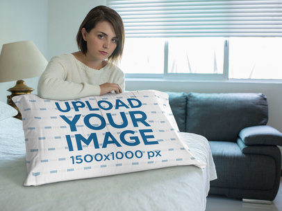 Young Woman with a Big Pillow Mockup on her Lap