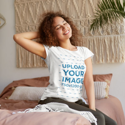 T-Shirt Mockup of a Curly-Haired Woman Waking Up with a Big Smile M1323-r-el2