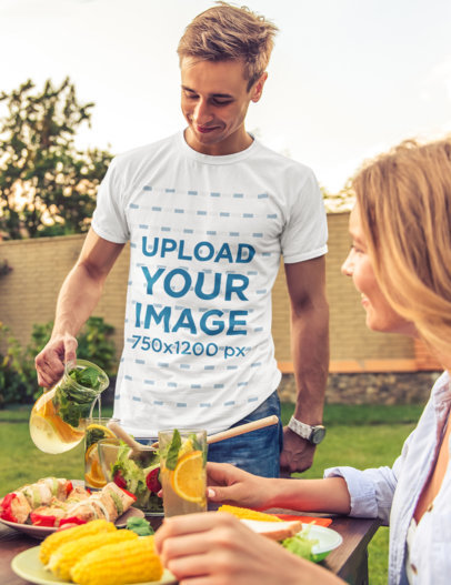 T-Shirt Mockup of a Man Eating Outdoors with His Girlfriend M1446-r-el2