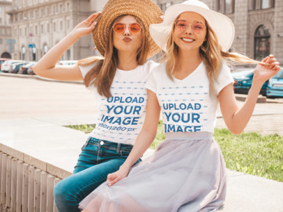 T-Shirt Mockup of Two Female Posing at a City
