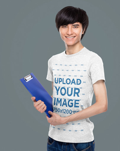 Heather Tee Mockup of a Smiling Man Holding a Clipboard m1750-r-el2