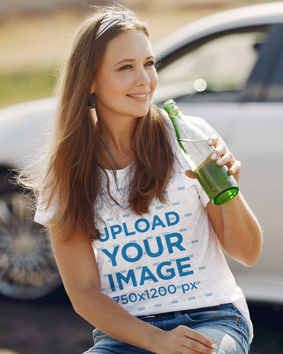 Heathered Tee Mockup of a Woman Drinking Water by a Car