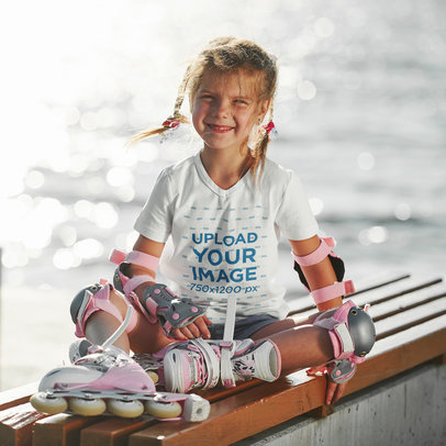 V-Neck Tee Mockup Featuring a Little Girl with Roller Skates