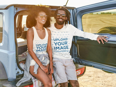 Long Sleeve Tee and Tank Top Mockup of an Adventurous Couple in the Back of a Truck 45677-r-el2