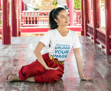 V-Neck T-Shirt Mockup of a Young Woman Posing at a Temple M2318-r-el2