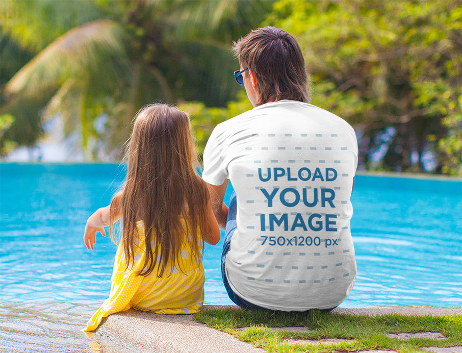 T-Shirt Mockup of a Man and His Daughter Sitting by a Pool
