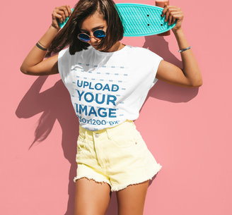 T-Shirt Mockup of a Woman With Sunglasses Posing Against a Colored Wall 