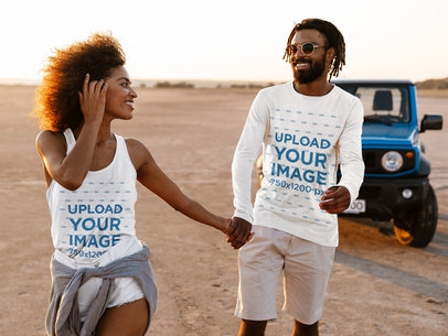 Tank Top and Long Sleeve Tee Mockup of a Couple by the Beach 