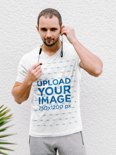 V-Neck T-Shirt Mockup of a Bearded Man 
