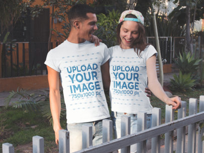 Couple Wearing Different Tees Mockup Walking Outdoors