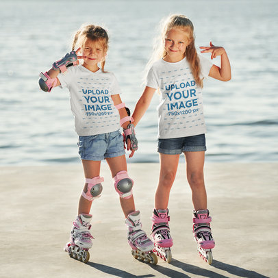 T-Shirt Mockup of Two Sisters Having Fun While Roller Skating