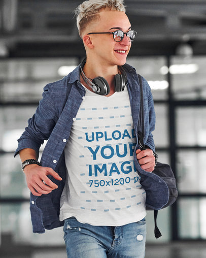 V-Neck Tee Mockup Featuring a Man with an Edgy Haircut