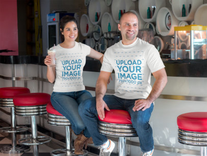 Bald Guy and Girl Wearing Different Tshirts Mockup While at a Restaurant a15555