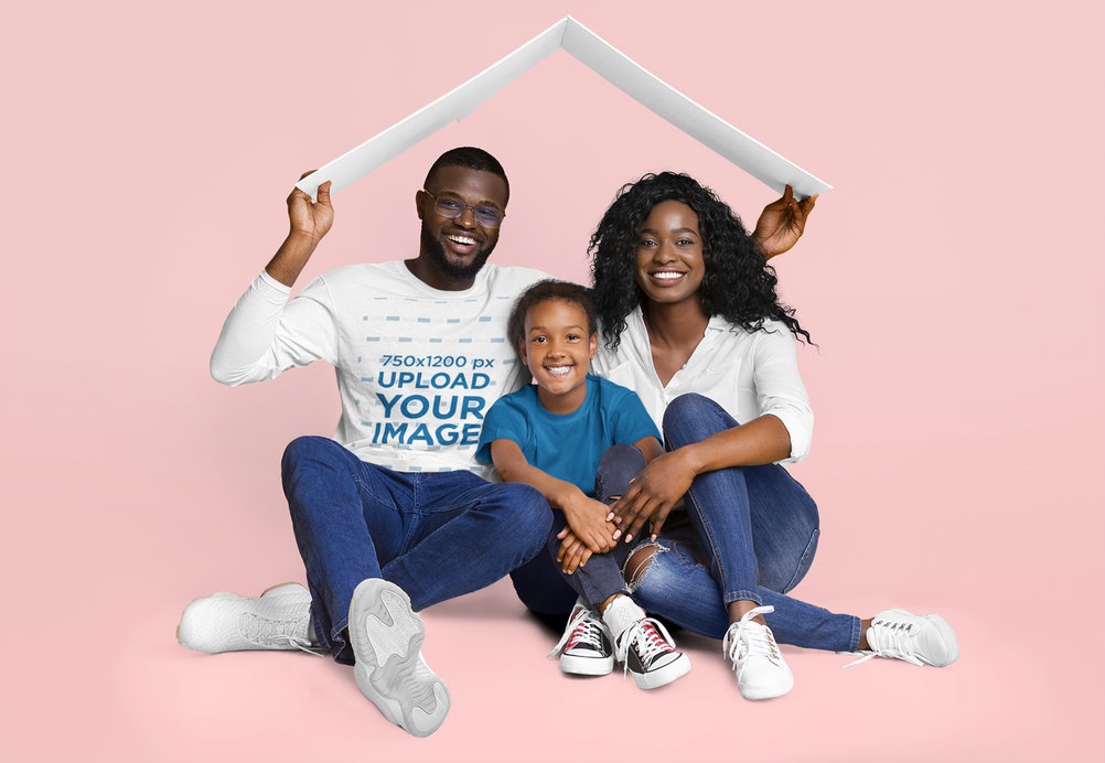 Long Sleeve Tee Mockup of a Man with Posing with His Family in a Studio