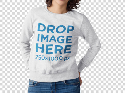 Woman With Curly Hair Wearing a Crewneck Sweatshirt Mockup Standing Against a Transparent Wall