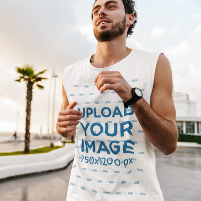 Sleeveless Shirt Mockup Featuring a Man Jogging at a Boulevard M2345-r-el2