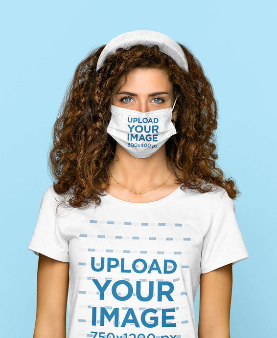 T-Shirt and Face Mask Mockup Featuring a Curly-Haired Woman in a Studio