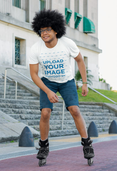 T-Shirt Mockup of a Curly-Haired Man With Roller Skates