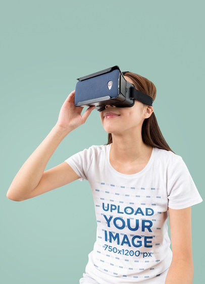 Mockup of a Woman Wearing a T-Shirt While Using a VR Device m1816-r-el2