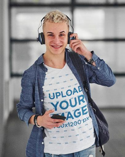 V-Neck Tee Mockup Featuring a Man with Headphones