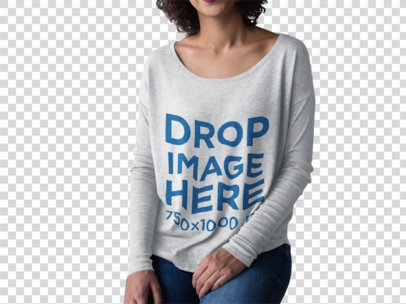 Cropped Face Woman With Curly Short Hair Wearing a Long Sleeve Bella Canvas T-Shirt Mockup Against a Transparent Surface a15504