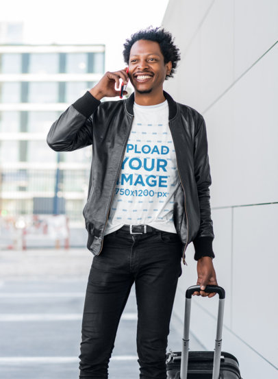 Basic T-Shirt Mockup of a Bearded Man With a Suitcase