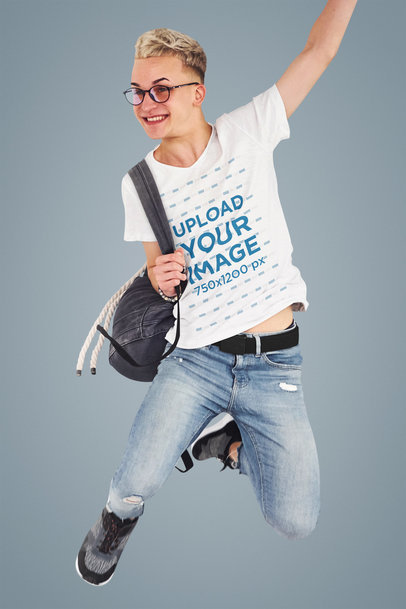 V-Neck T-Shirt Mockup of a Man with Glasses Jumping