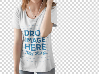 Young Woman with Cropped Face Wearing a Scoop Neck T-Shirt Mockup While Listening to Music