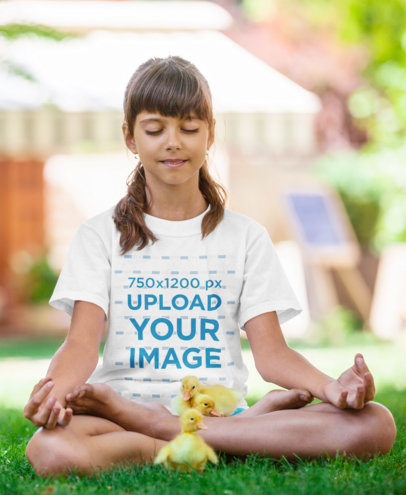 T-Shirt Mockup Featuring a Little Girl Meditating Surrounded by Chickens