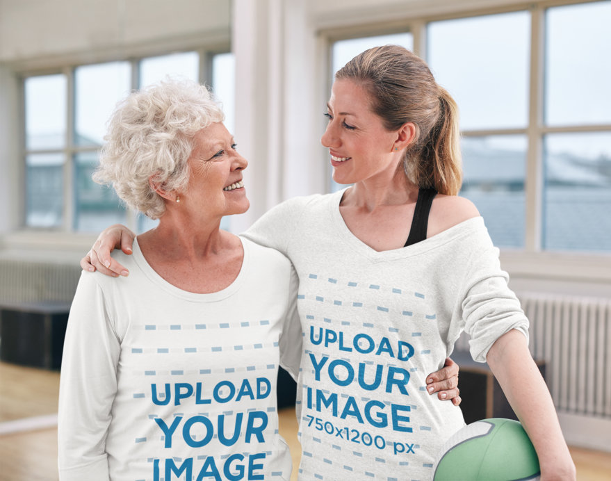 Long Sleeve Tee Mockup of a Woman and Her Mother Playing Volleyball Together