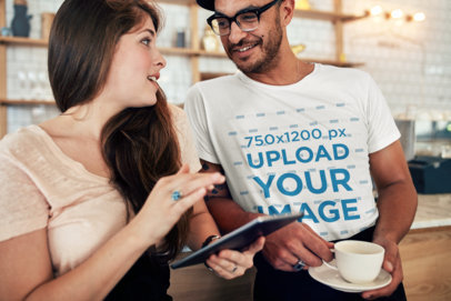 T-Shirt Mockup of a Man Flirting with The Waitress of a Coffee Shop