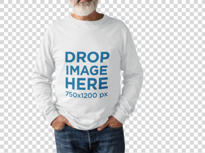 Senior Man Wearing a Long Sleeve Tshirt Mockup While Standing Cropped Faced Against a Transparent Surface