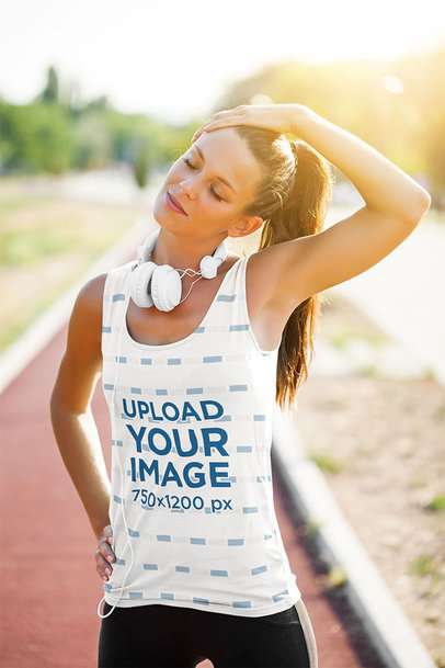 Sublimated Tank Top Mockup of a Female Runner Stretching Her Neck