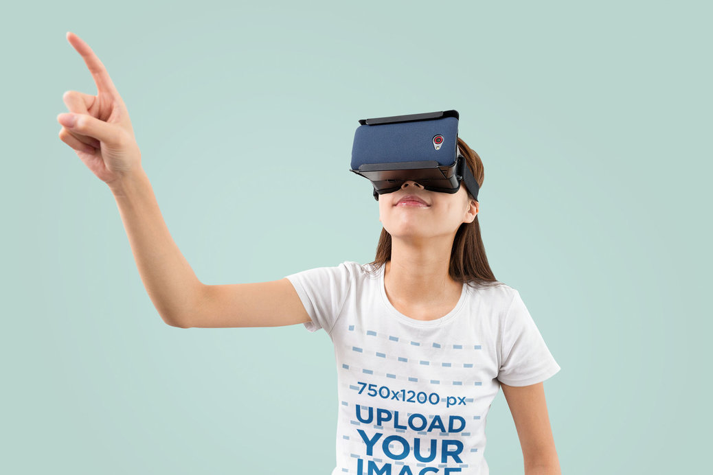 T-Shirt Mockup of a Woman Playing a VR Game in a Studio