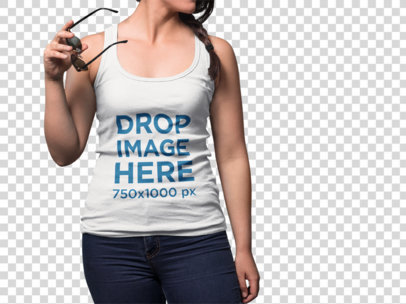 Woman Taking Sunglasses Off Wearing a Tank Top Template with Face Cropped