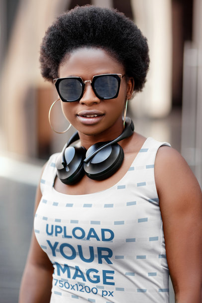 Sublimated Tank Top Mockup of a Woman Wearing Headphones and Sunglasses