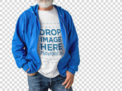 Elder Man Wearing a Round Neck T-Shirt Mockup While Standing Against a Transparent Wall