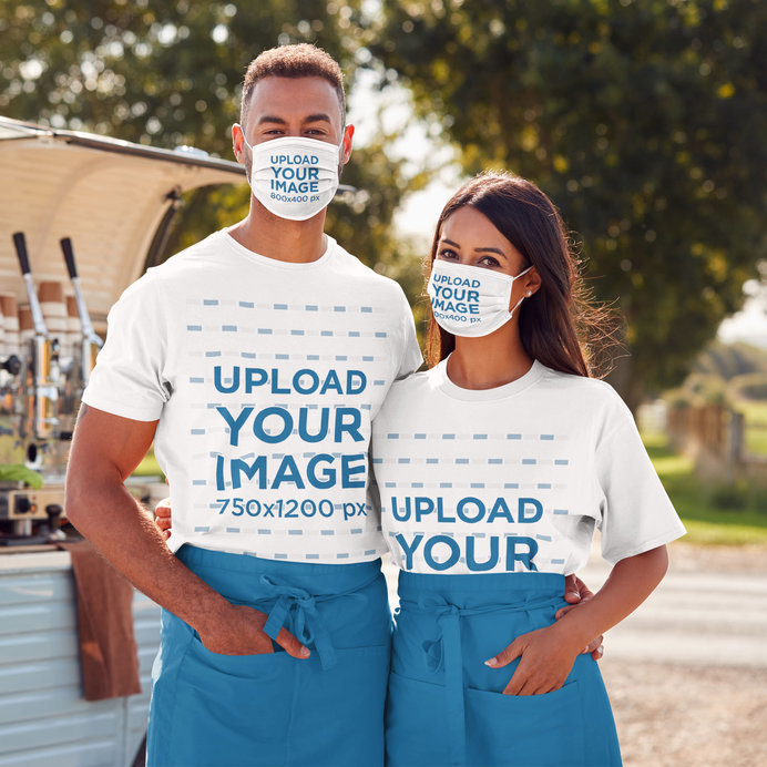T-Shirt and Face Mask Mockup of a Man and a Woman Working Together