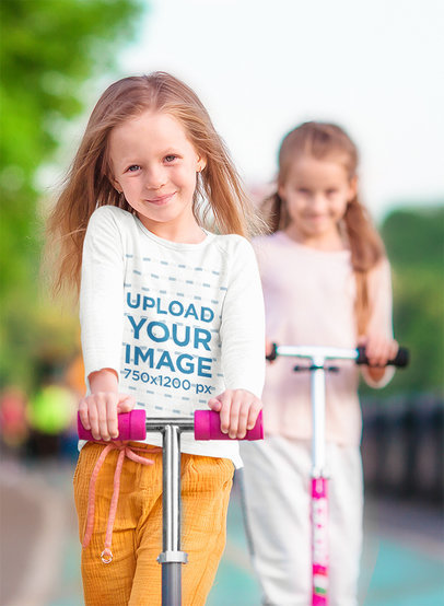 Long Sleeve Tee Mockup of a Girl Riding a Scooter