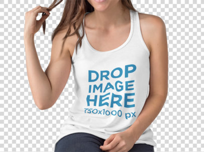 Woman Sitting Down Wearing a Bella Canvas Tank Top Mockup While Against a Transparent Wall