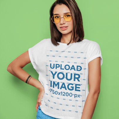 Mockup of a Straight-Haired Woman Wearing a T-Shirt and Colored Glasses m1367-r-el2