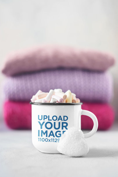 Mockup of a Sublimated 12 oz Enamel Mug with Marshmallows