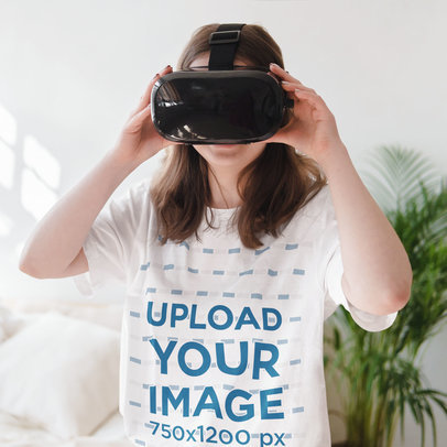 T-Shirt Mockup Featuring a Young Long-Haired Woman Wearing a VR Headset 
