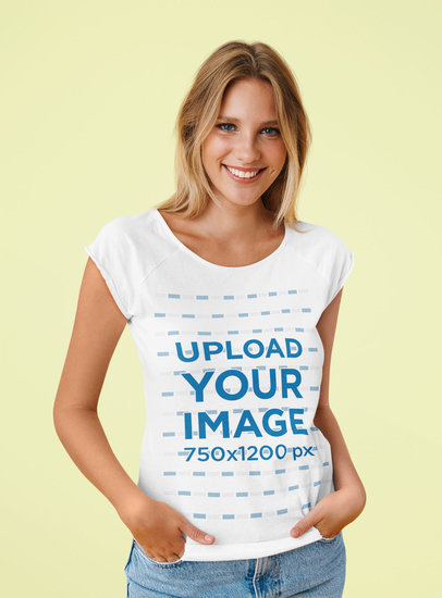 Mockup Featuring a Happy Blonde Woman Wearing a Customizable Tee At a Studio